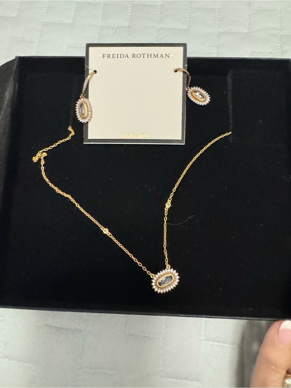 Freida Rothman Gold & White Halo Pendant Necklace with Matching Earrings